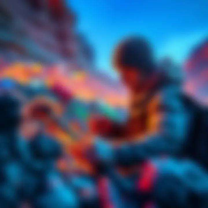 A person carefully mining Demiguise in a colorful landscape, with tools in hand and focused expression.