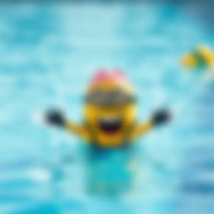 A cheerful Minion splashes in the water, enjoying a sunny day at the pool.