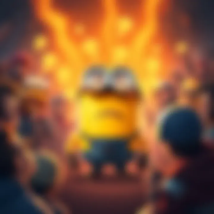 A cartoon minion with exaggerated gold stats displayed above it, showcasing its new power level, surrounded by confused players debating the change.