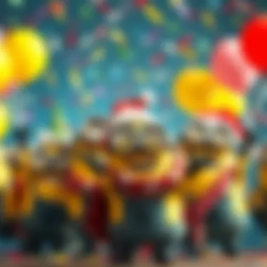 Minions Celebration A group of cheerful minions in festive costumes celebrating together, surrounded by balloons and confetti.