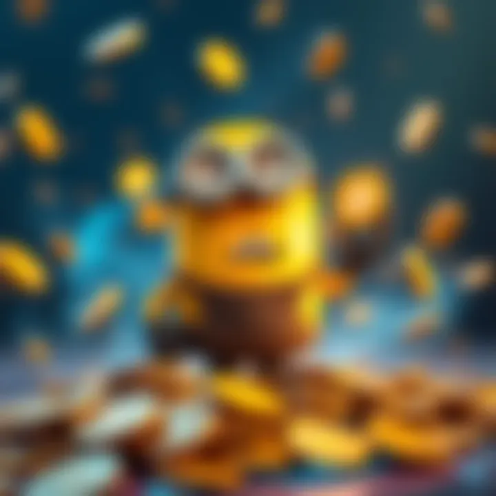 A shiny, digital token with a cartoonish minion character, wearing a zombie outfit, surrounded by glowing coins, symbolizing cryptocurrency.