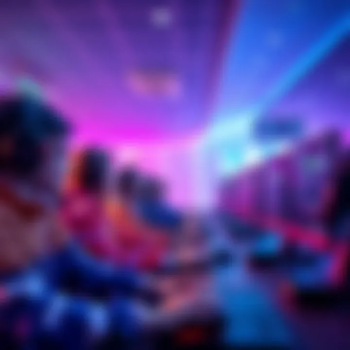 A group of gamers compete in a minor esports league, showcasing teamwork and skill in a vibrant gaming environment.
