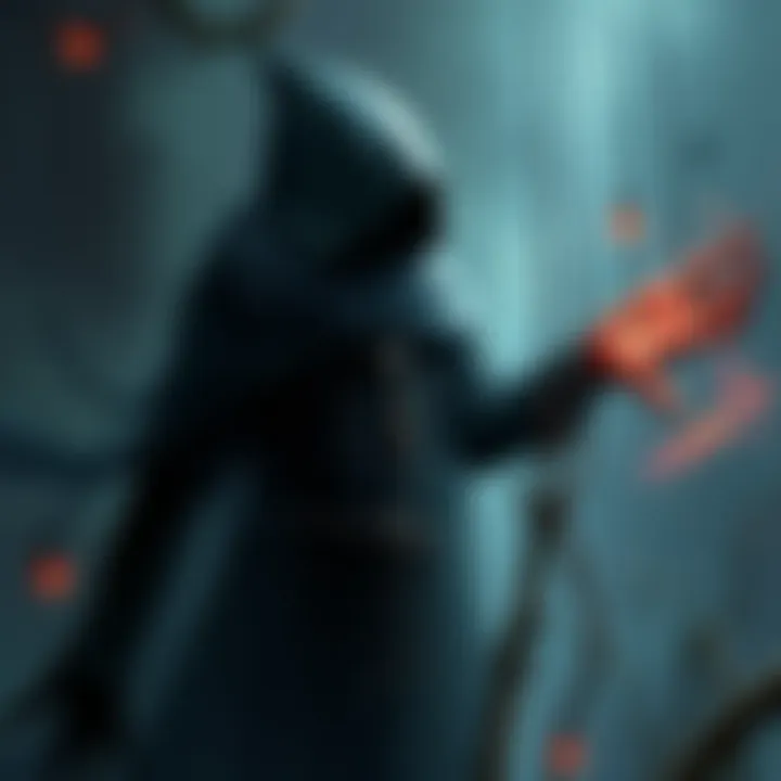 An illustration of Miquella, a character shrouded in darkness, holding strings like a puppeteer, symbolizing control over others, with a backdrop of a chaotic world seeking peace.