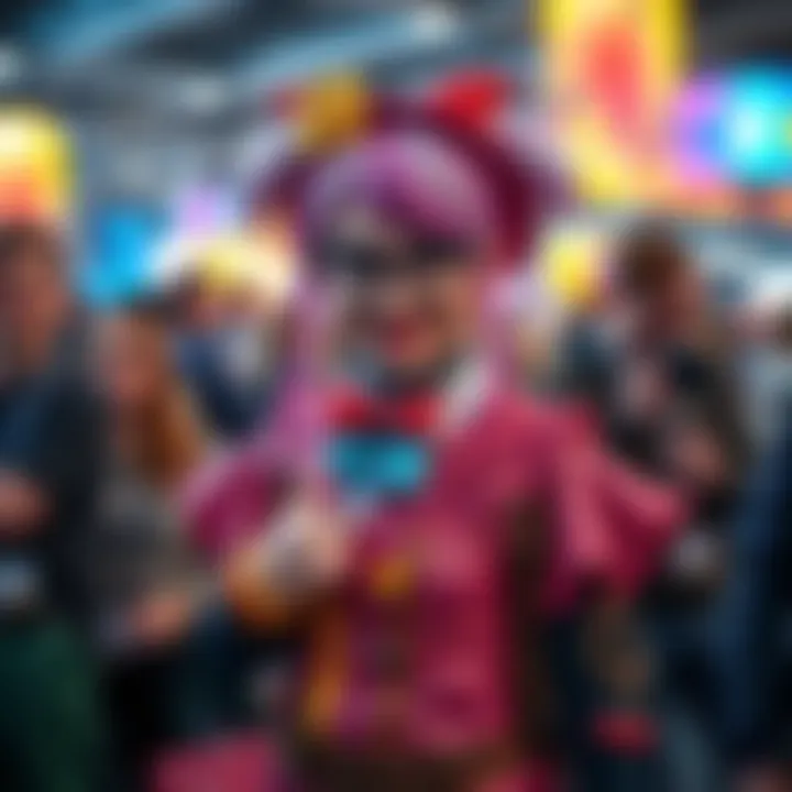 A person dressed as Professor Mirabel Garlick, showcasing a colorful outfit and accessories, smiling at the camera, surrounded by fans at a cosplay event.