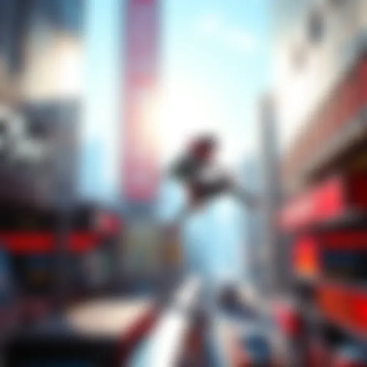 A character performing parkour in a bright, urban environment reminiscent of the original Mirror's Edge