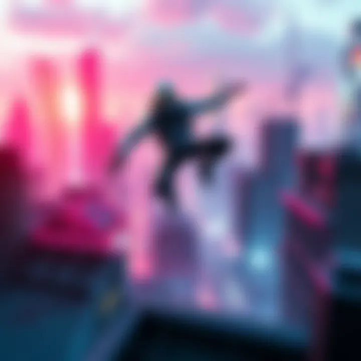 A character in a futuristic outfit is leaping across rooftops in a vibrant, dystopian cityscape, showcasing parkour skills and dynamic movement.