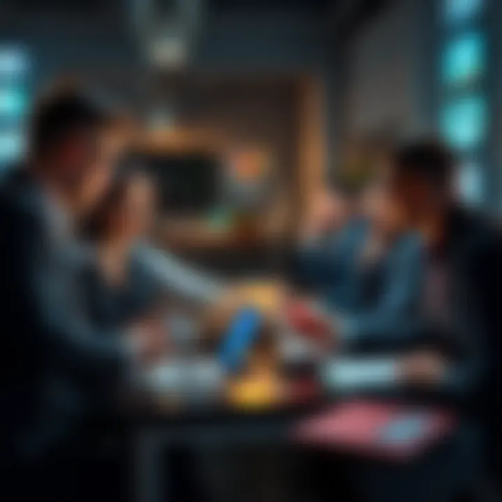 People engaging in a heated discussion about the Mirrorwatch conspiracy in a modern setting, with laptops and smartphones present.