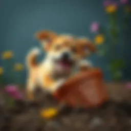 A playful dog knocking over a flower pot, surrounded by dirt and flowers, looking cheeky