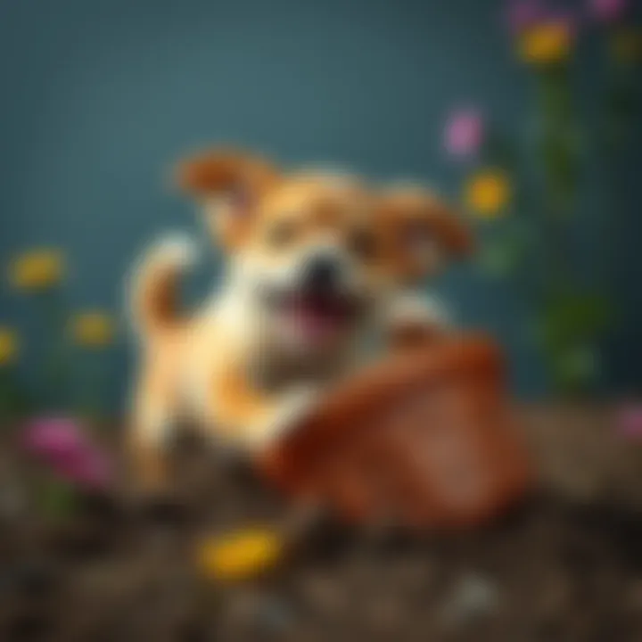 A playful dog knocking over a flower pot, surrounded by dirt and flowers, looking cheeky