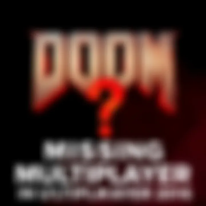 A graphic showing Doom 2016 logo with a question mark on a dark background, symbolizing missing multiplayer features.