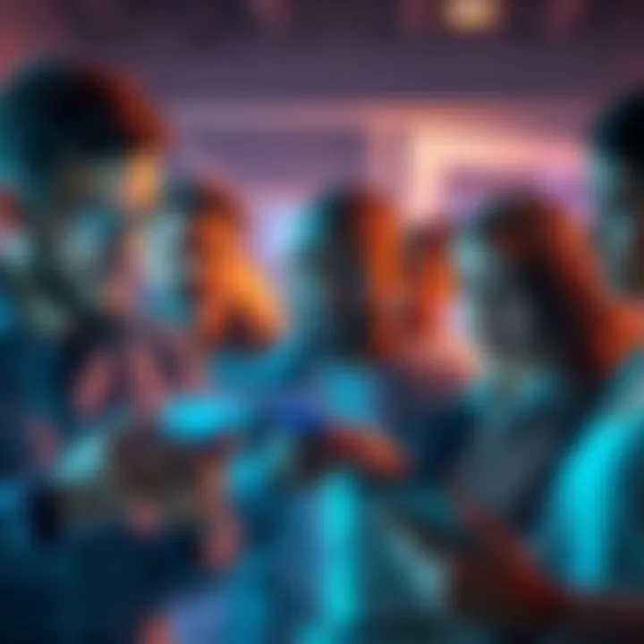 A group of people looking worried while browsing forums on their devices, discussing the absence of riot points.