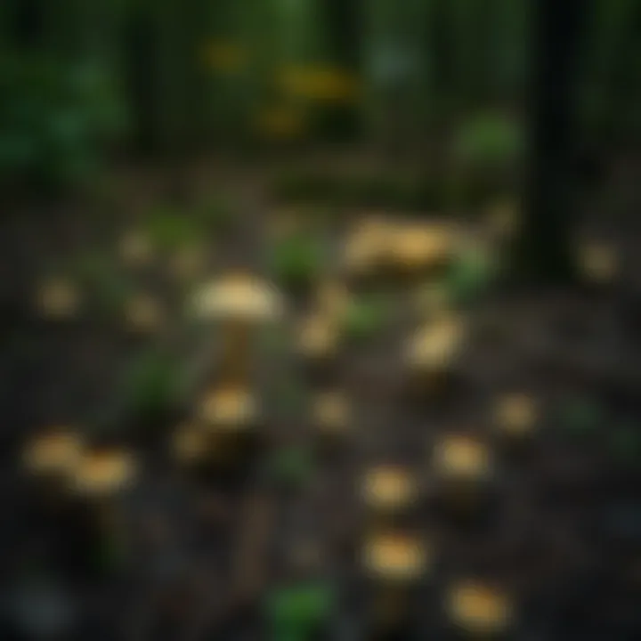 A forest floor with sparse mushrooms, showing the lack of fungus in the area