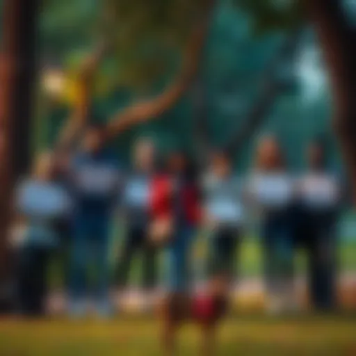 A concerned group of friends and family searching for a missing woman in a park, looking worried and holding signs with her name.