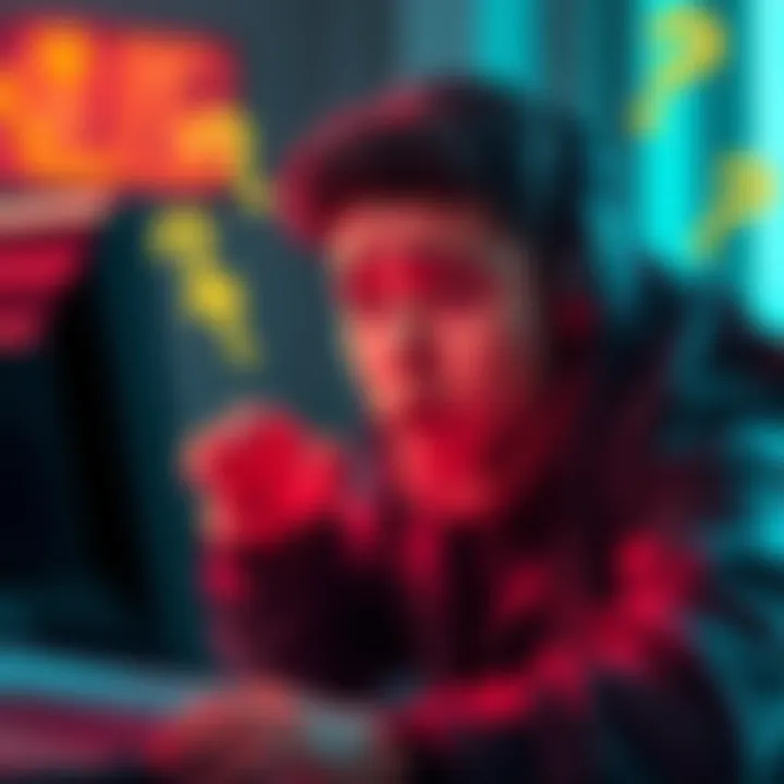 A person looking at a computer screen, looking confused and frustrated about a mission that can't be completed, with question marks around them.