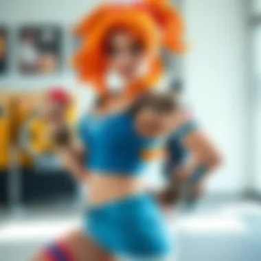 Person in Misty cosplay featuring orange hair and blue shorts, posing confidently with a Pokeball