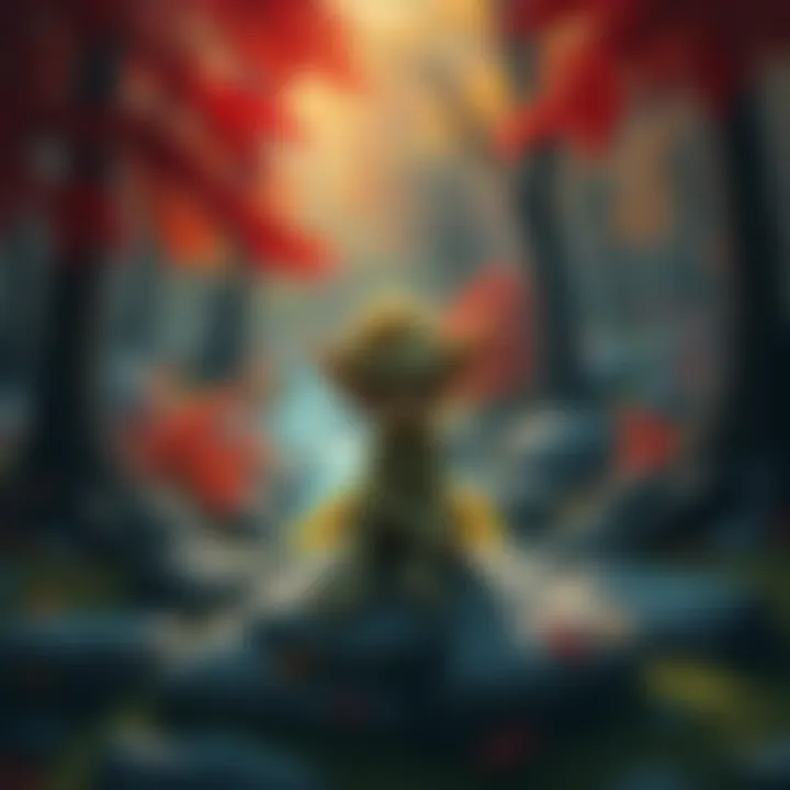 A sad goblin sits alone on a rock in a vibrant forest, looking downcast with a gentle stream behind it.