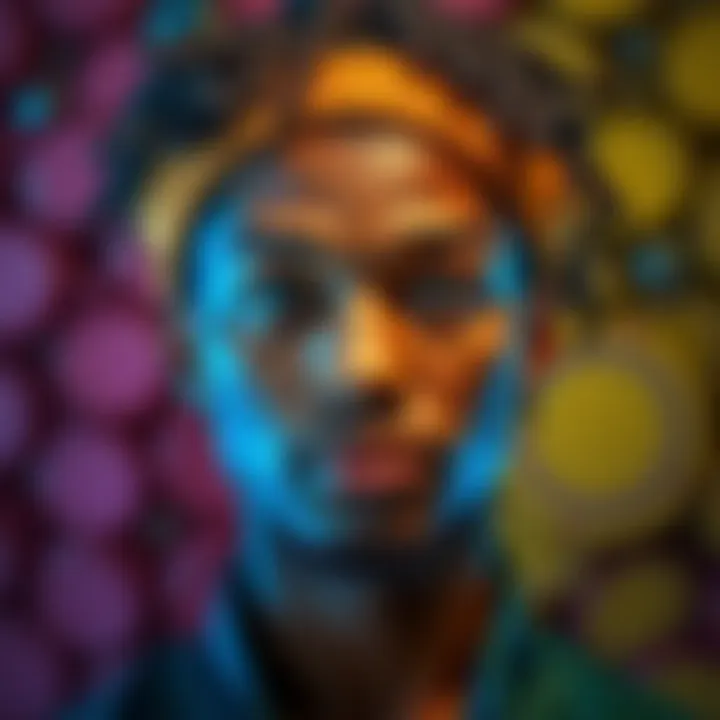 A portrait of a mixed-race character, showcasing diverse features and vibrant personality, against a colorful background.