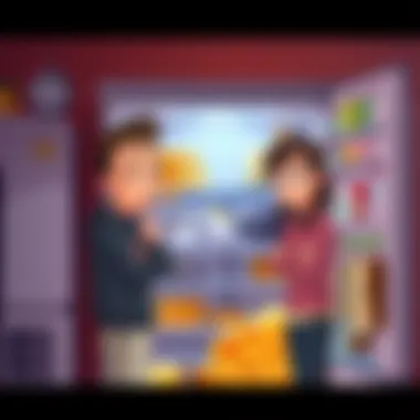 Mizkif and Emi arguing over cheese Mizkif stands confused in front of an open fridge with molded cheese, while Emi expresses frustration across the kitchen