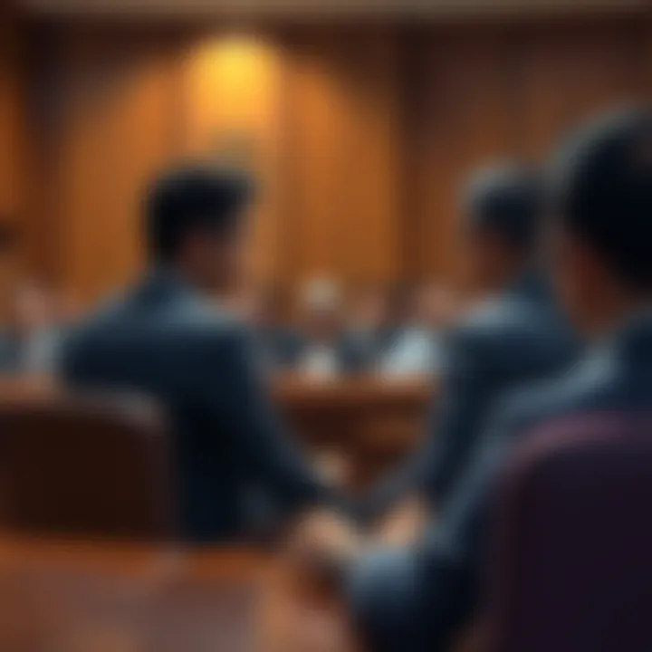 Mizkif sits in a courtroom discussing his case with Emiru, showing tension and debate among people present