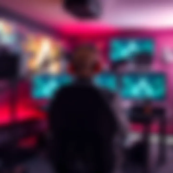 A gaming room with multiple screens and a microphone, representing a streamer’s workspace, with a chair facing the monitors.
