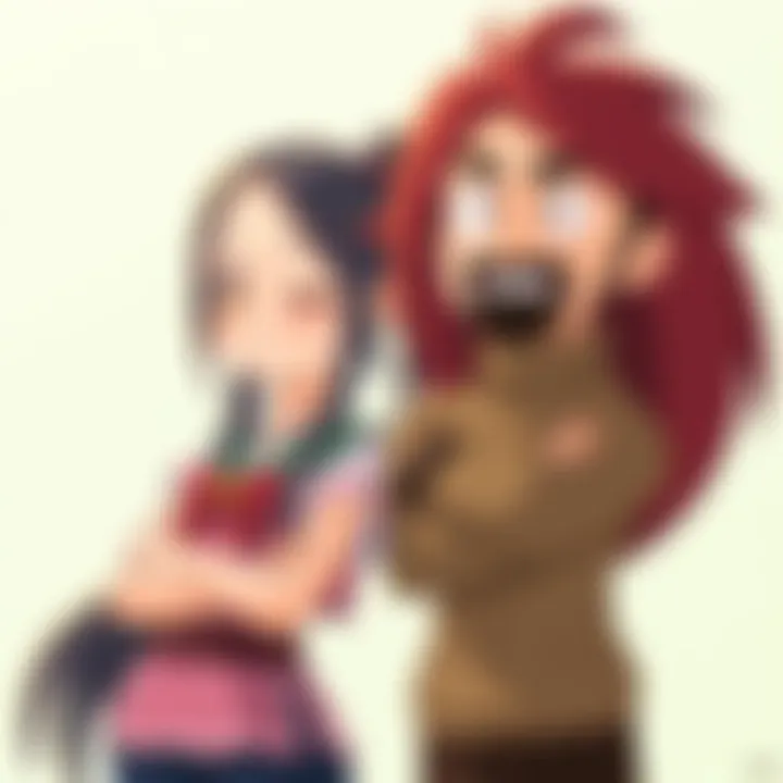 Two animated characters, Mizuki and Emre, stand side by side, each representing different aspects of storytelling. Mizuki has long hair and a thoughtful expression, while Emre has a confident stance w...