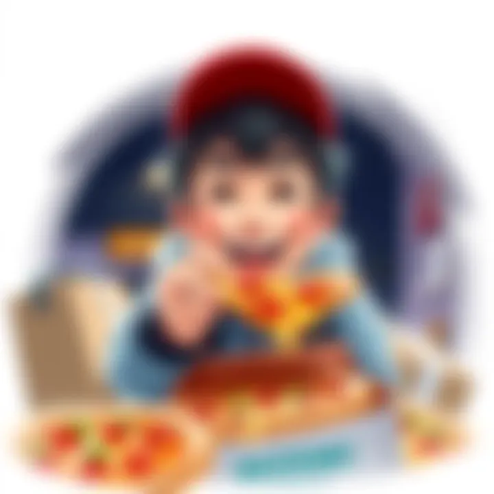Mizuki happily delivering a pizza with a big smile on his face, surrounded by delicious pizzas and a delivery bag.