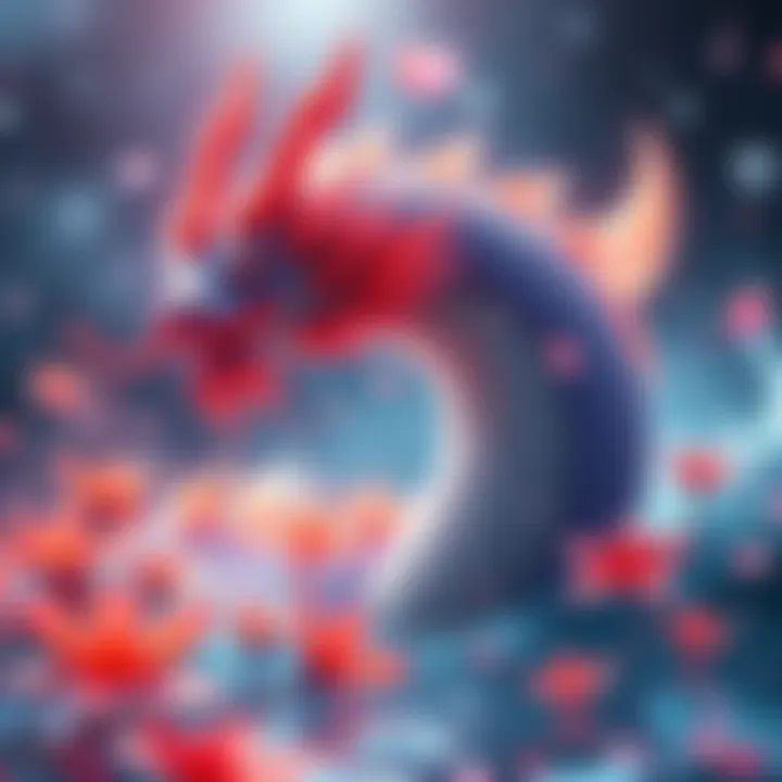 A vibrant, mythical creature resembling Mizutsune, surrounded by water and flowers, showcasing its unique traits.