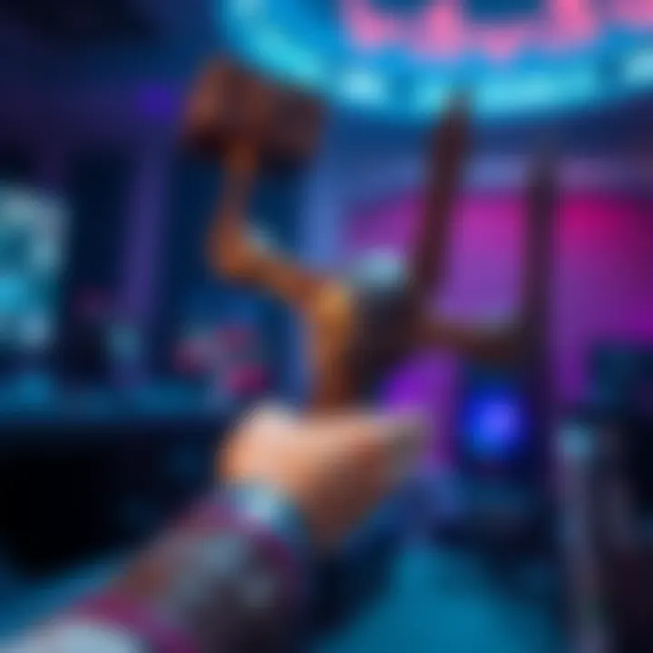 A character holding Mjolnir in a gaming environment, with support role icons in the background