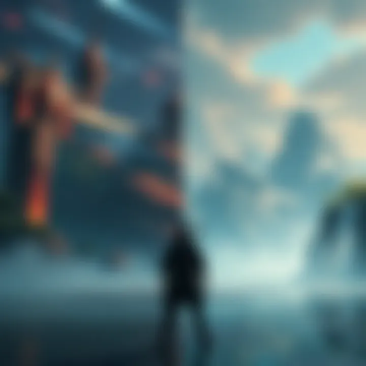 A split image showing a vibrant MMORPG world on one side and a lonely single player character in a console environment on the other side