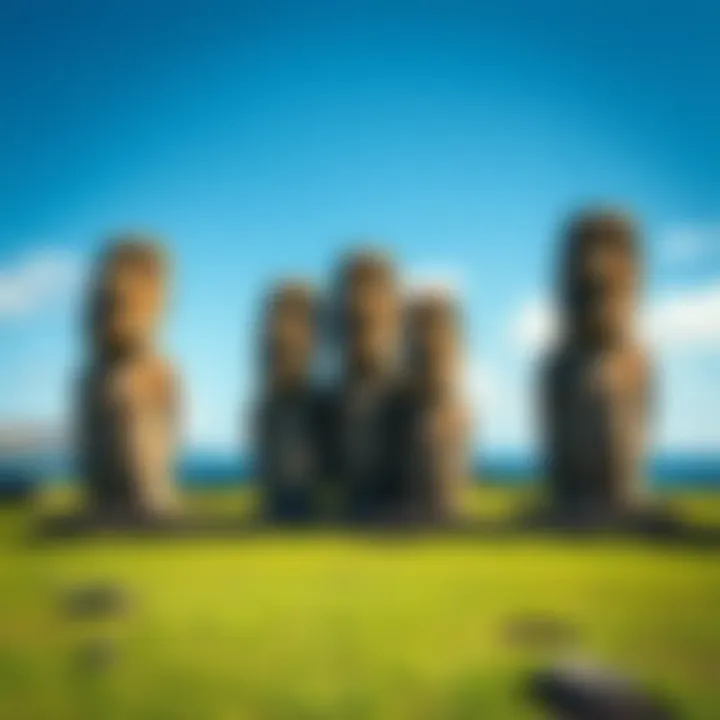 Several large Moai statues standing on a grassy area with the ocean in the background, showcasing their cultural significance.