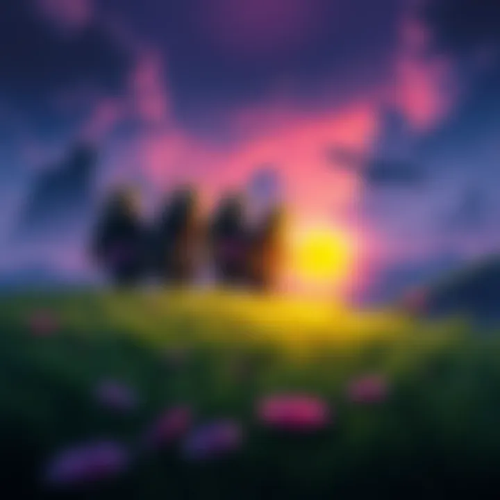 The Moarthurs traveling through a vibrant landscape with a glowing spaguetti cube in hand, looking determined yet cautious as shadows loom in the background.