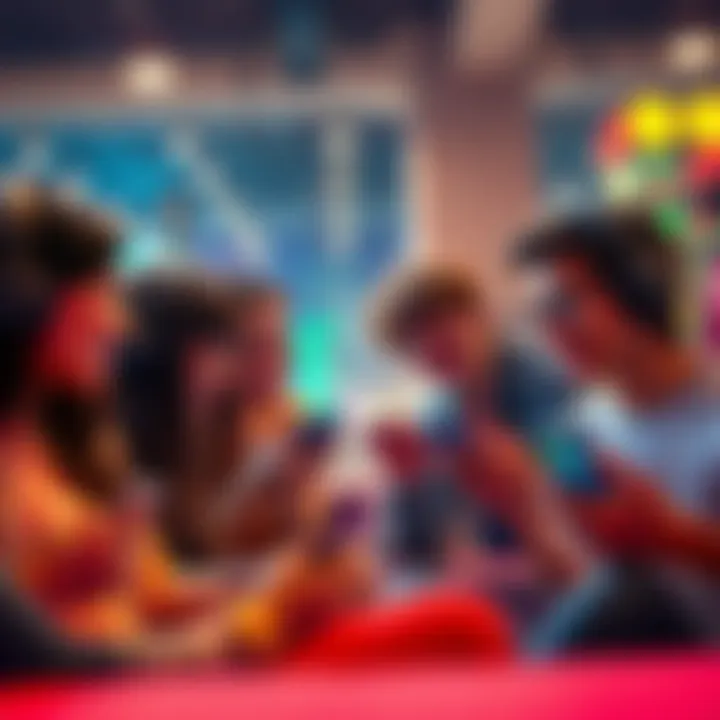 Mobile Gaming Discussion A group of people playing mobile games on their smartphones, sharing their favorites and engaging in conversation.