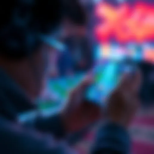 A person playing a mobile game on their smartphone, focused and engaged in the action, surrounded by colorful game graphics on the screen.