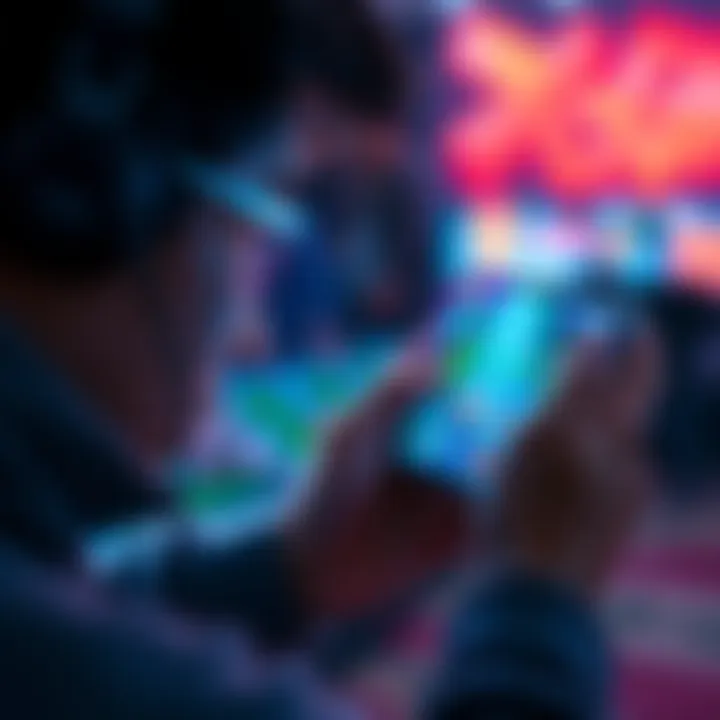 Mobile Gamer with Smartphone A person playing a mobile game on their smartphone, focused and engaged in the action, surrounded by colorful game graphics on the screen.