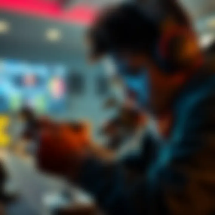 A gamer focused on their mobile screen playing Standoff 2, showing intense concentration in a competitive match.