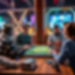 Mobile Gaming Experience A group of friends gathered around a table, using their mobile devices to play a tabletop game with a virtual tabletop interface displayed on the screen.