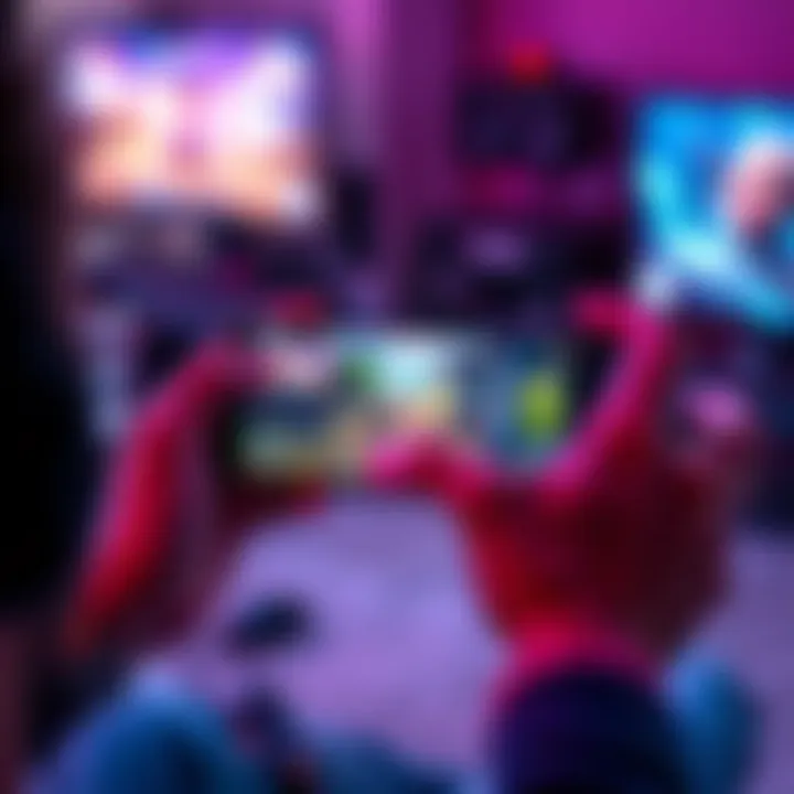 A person playing an engaging mobile game on a smartphone, enjoying gameplay that resembles PC gaming. The screen shows vibrant graphics and action.