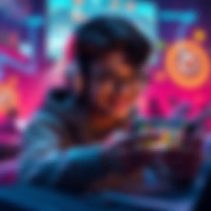 A person playing a mobile game with a joyful expression, surrounded by playful graphics and bright colors, contrasting with a serious gaming scene in the background.