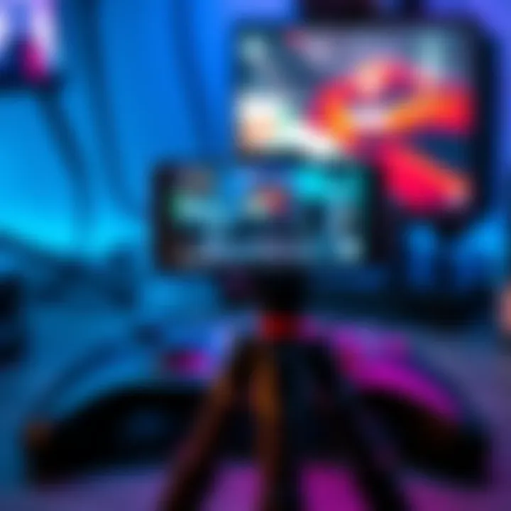 A mobile phone mounted on a tripod, showing a gaming scene, with controllers and gaming accessories nearby.