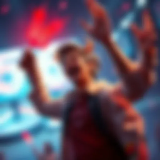 Mobile gaming victory A person celebrating after defeating a red dart in a mobile game, showing excitement and pride.