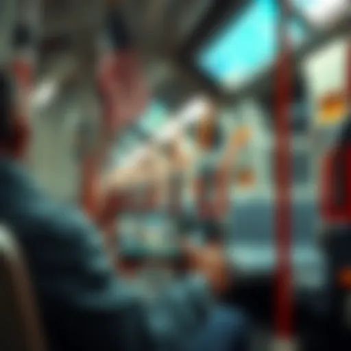 A person playing a mobile RPG game on a subway train during their commute