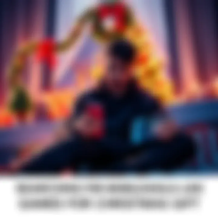 A person sitting with a mobile phone and Nintendo Switch, looking at game options for Christmas gifts, with festive decorations in the background.