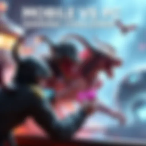 A gamer on mobile competes against another on a PC, showcasing their skill levels in a gaming challenge, with action-packed visuals of demons from the game.