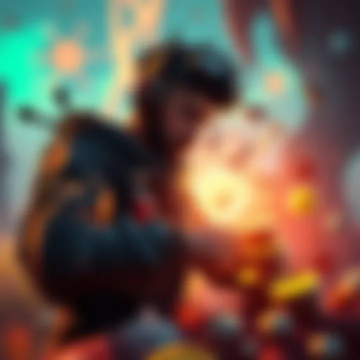 A player character in a virtual world searching for rare mods in a vibrant environment, surrounded by various mod icons and resources, looking determined yet strategic.