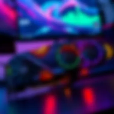 A close-up of a modded RTX 3080 20GB graphics card, showcasing its custom design with cooling fans and RGB lighting, positioned on a gaming setup with a monitor in the background.