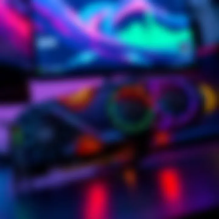 A close-up of a modded RTX 3080 20GB graphics card, showcasing its custom design with cooling fans and RGB lighting, positioned on a gaming setup with a monitor in the background.