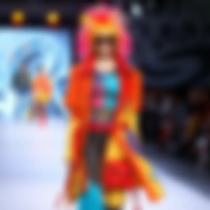 A model walks the runway in an unconventional outfit, blending bold colors and unique patterns that challenge traditional fashion norms.