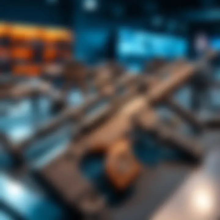 A collection of contemporary firearms showcasing various designs and styles on a display table.