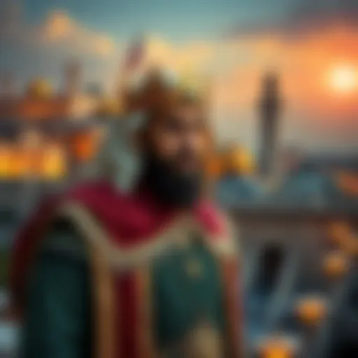 A man dressed in regal attire representing the King of Jerusalem, standing in front of historic Jerusalem landmarks.
