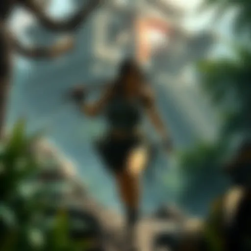 Lara Croft exploring a jungle environment with ancient ruins in the background, showcasing her agile movements and adventure gear, reflecting the modern take on the classic game.